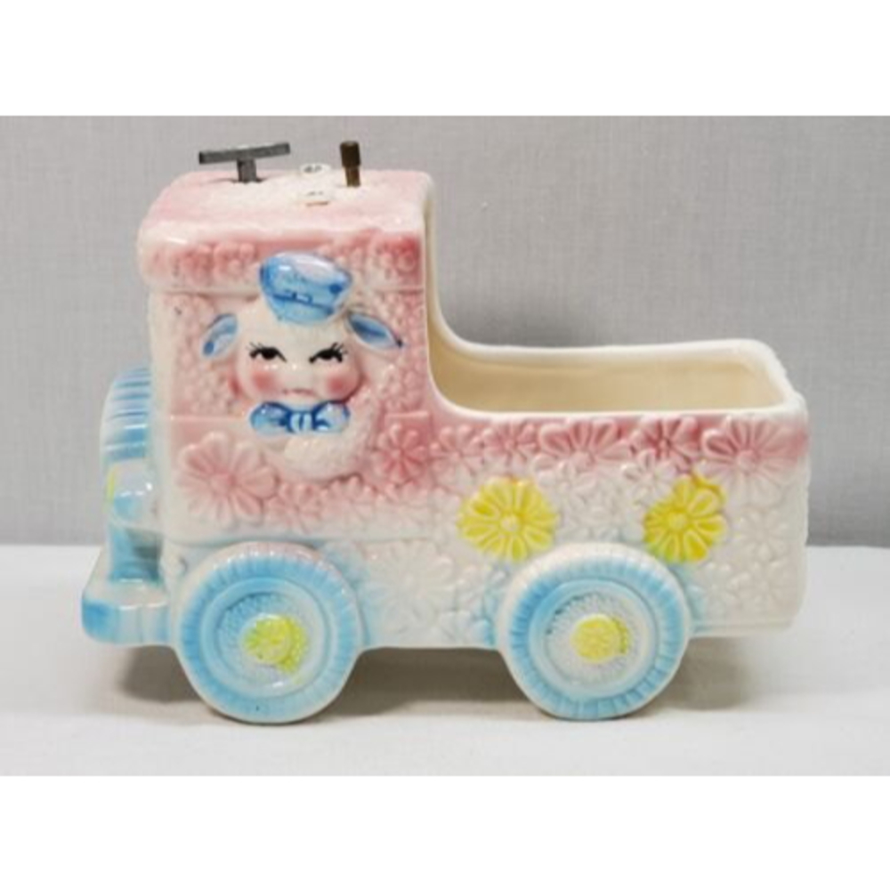 Vtg Ceramic Baby Musical Truck Planter Vase Nancy Pew Giftwares T5508 Taiwan